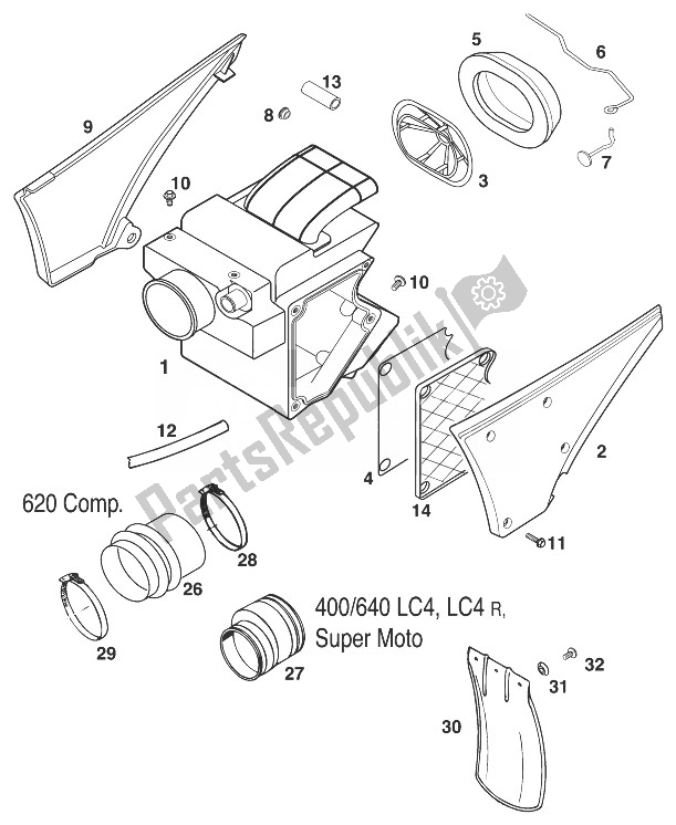 Tutte le parti per il Scatola Filtro Aria 400/620 / 640lc4'99 del KTM 400 LC 4 Europe 1999