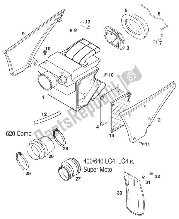 All parts for the Air Filter Box 400/620/640lc4'99 of the KTM 620 LC 4 Competition Europe 1999