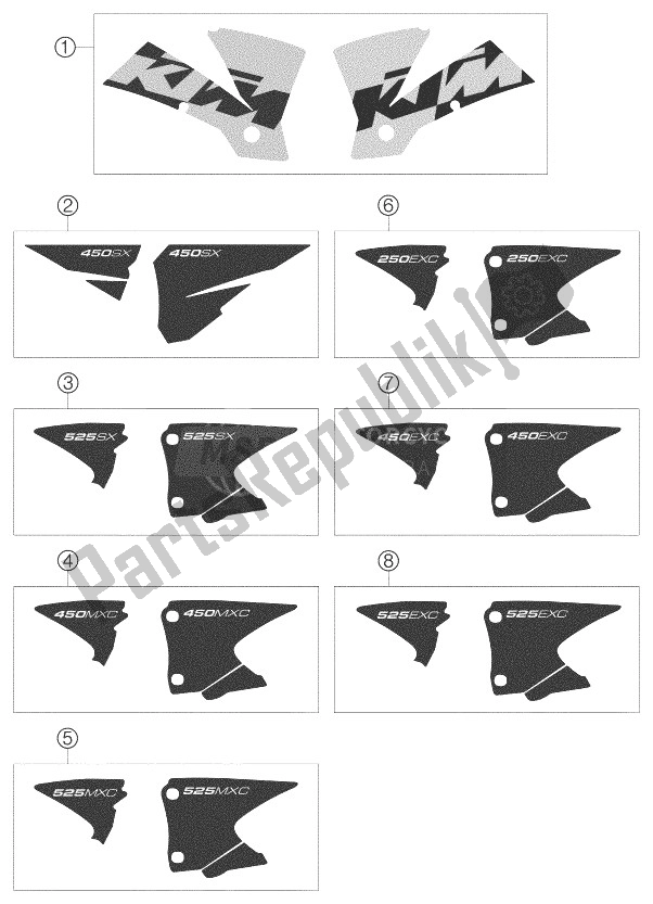 All parts for the Decal Racing of the KTM 250 EXC Racing United Kingdom 2003