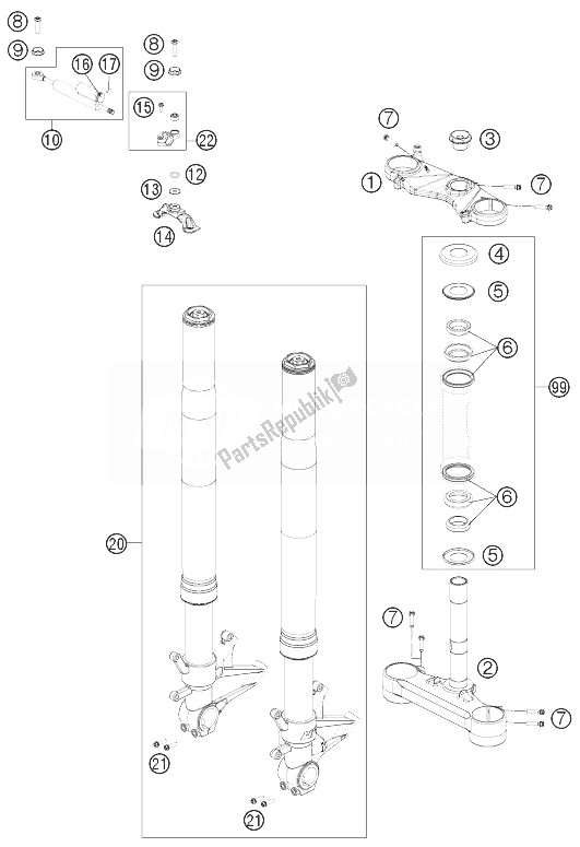 Tutte le parti per il Forcella Anteriore, Pinza Tripla del KTM 1190 RC8 R White Europe 2014