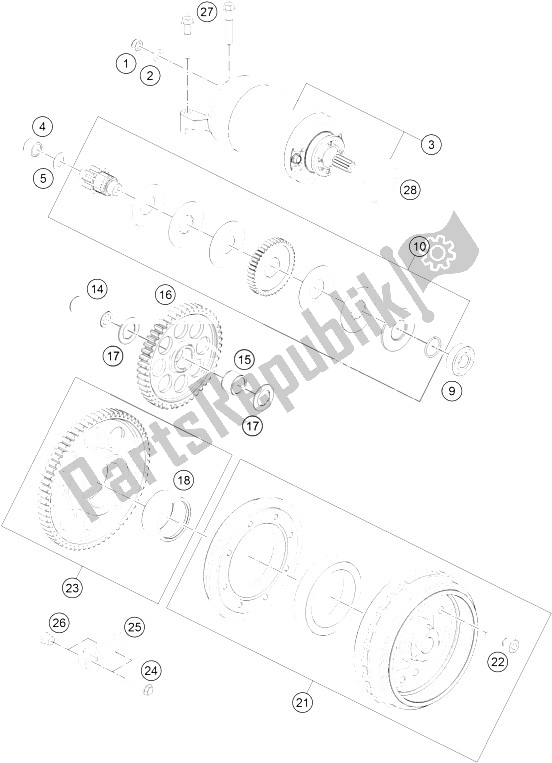 All parts for the Electric Starter of the KTM 1290 Super Duke GT Grey ABS 16 USA 2016