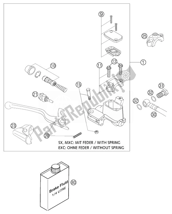 All parts for the Hand Brake Cylinder Brembo of the KTM 125 EXC Europe 2003