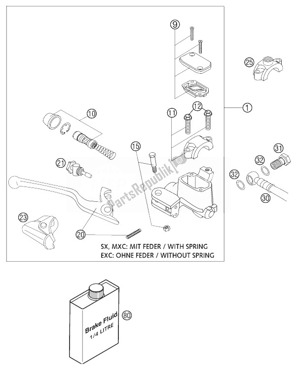 Tutte le parti per il Cilindro Freno A Mano Brembo del KTM 250 EXC United Kingdom 2004