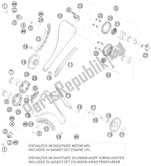 All parts for the Timing Drive of the KTM 1200 RC 8 R IDM Europe 2010