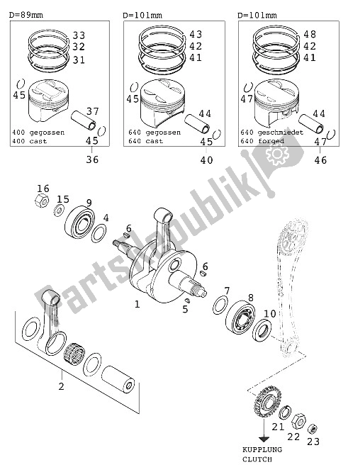 All parts for the Crankshaft, Piston 400/640 of the KTM 640 Duke II Europe 2000