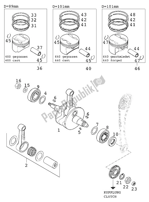 All parts for the Crankshaft, Piston 400/640 of the KTM 640 Duke II Lime United Kingdom 2001