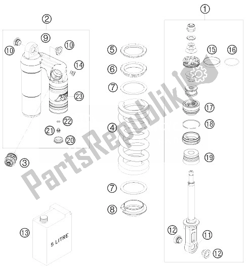 All parts for the Shock Absorber Disassembled of the KTM 990 Supermoto R Europe 2010