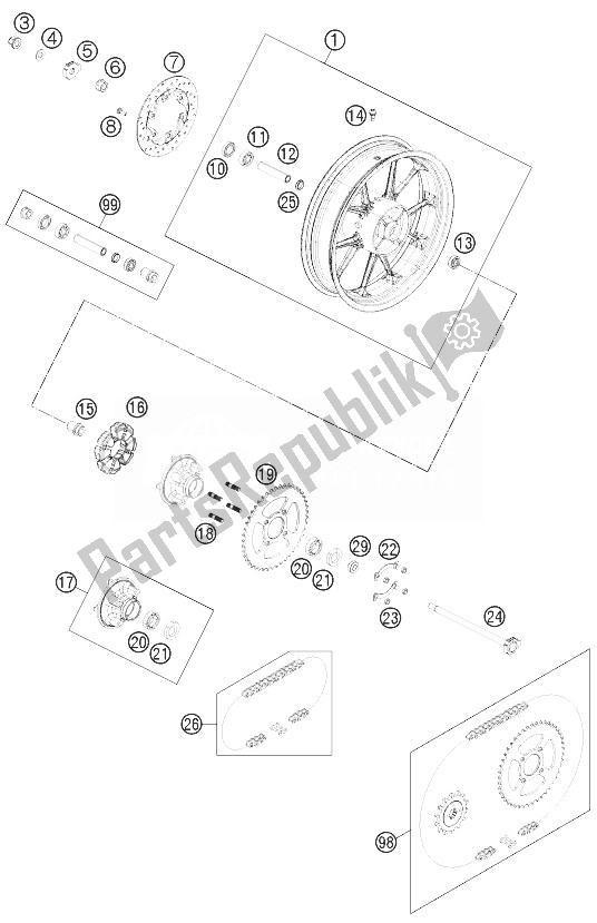 Tutte le parti per il Ruota Posteriore del KTM 200 Duke Orange W O ABS B D 13 Europe 2013