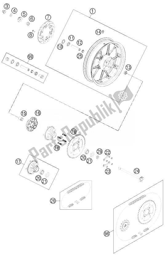 All parts for the Rear Wheel of the KTM 200 Duke White W O ABS CKD 13 Argentina 2013