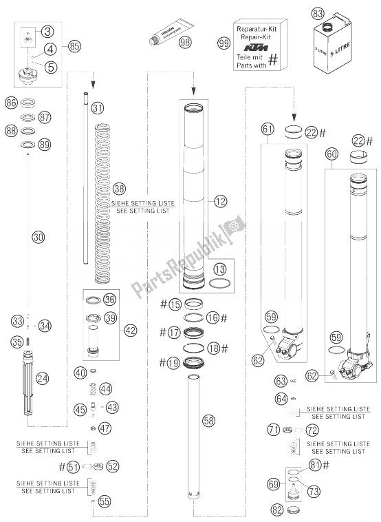 All parts for the Front Fork Disassembled of the KTM 250 EXC Australia 2007