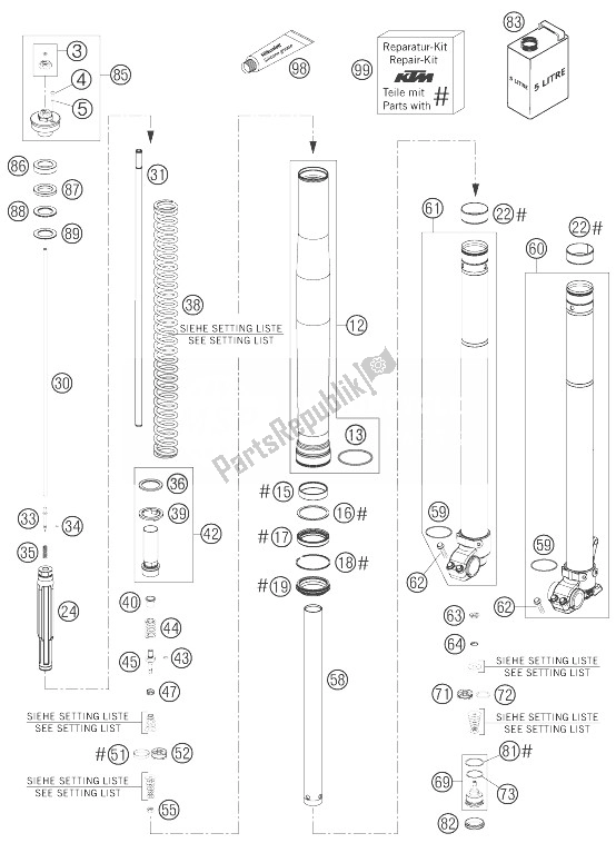 Alle onderdelen voor de Voorvork Gedemonteerd van de KTM 250 XC W USA 2007