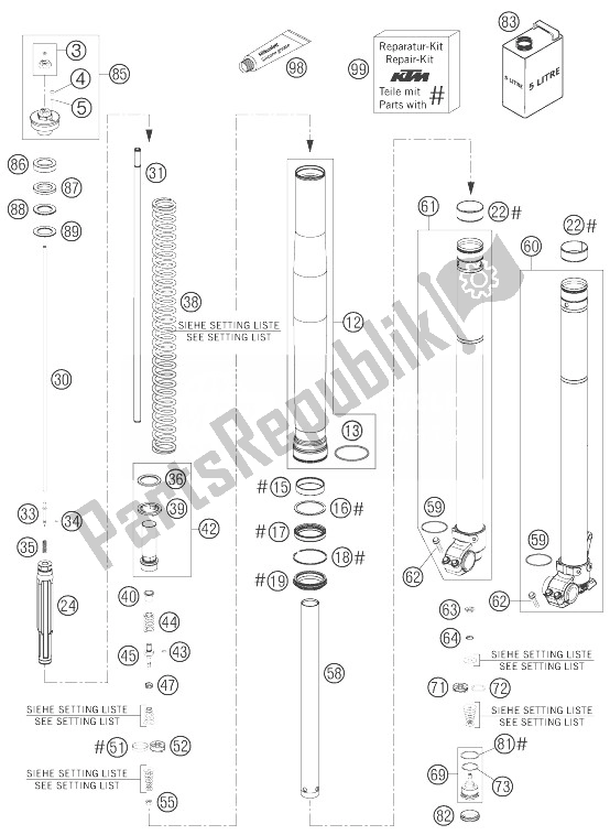 All parts for the Front Fork Disassembled of the KTM 300 EXC E Australia 2007