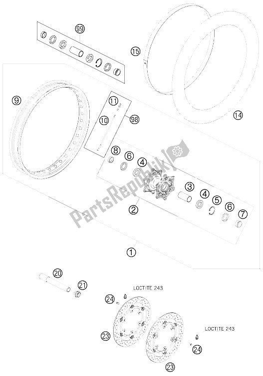 All parts for the Front Wheel of the KTM 990 Adventure R Europe 2009