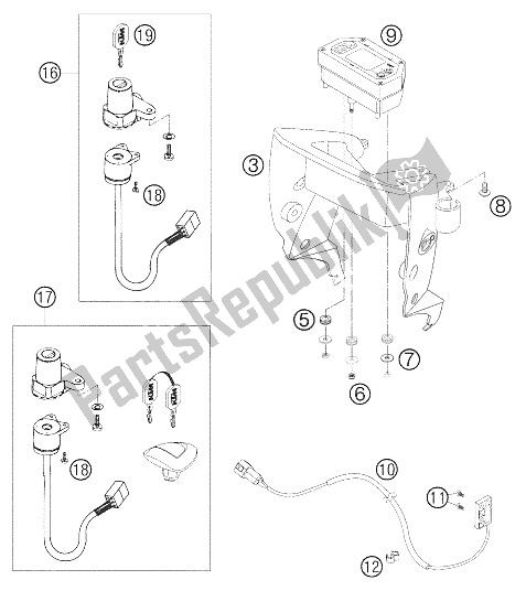 All parts for the Speedometer - Supportbracket - Ingnition Lock of the KTM 640 LC4 Enduro Orange Europe 2005