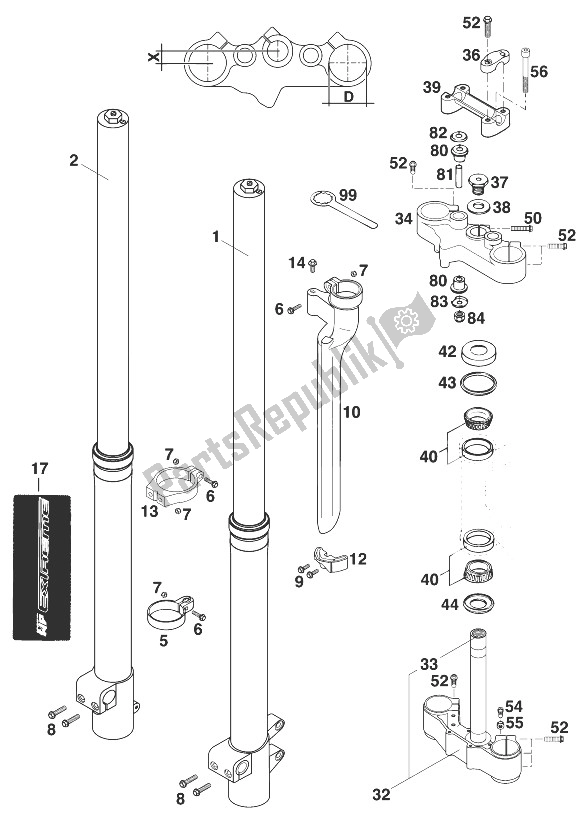 All parts for the Front Fork - Steering Stem Wp50 Extreme 400/640 of the KTM 640 LC 4 98 Australia 1998