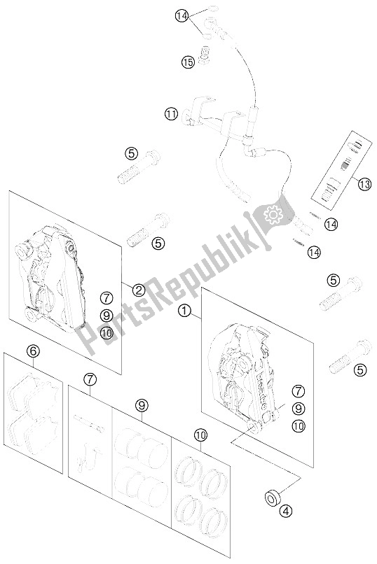 All parts for the Brake Caliper Front of the KTM 990 Super Duke R France 2012