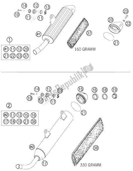 Toutes les pièces pour le Silencieux du KTM 125 SXS Europe 2005