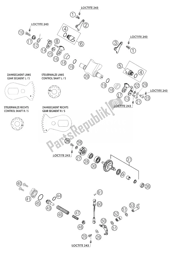Alle onderdelen voor de Uitlaatregeling 250/300 van de KTM 250 EXC Europe 2004