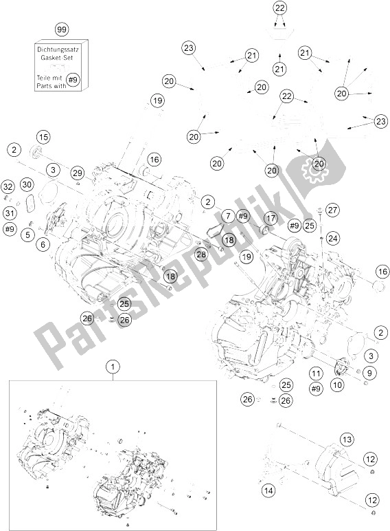 All parts for the Engine Case of the KTM 1190 RC8 R White Europe United Kingdom 2015