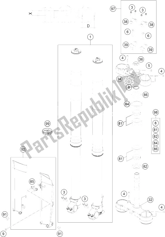 Tutte le parti per il Forcella Anteriore, Pinza Tripla del KTM 500 EXC Australia 2015