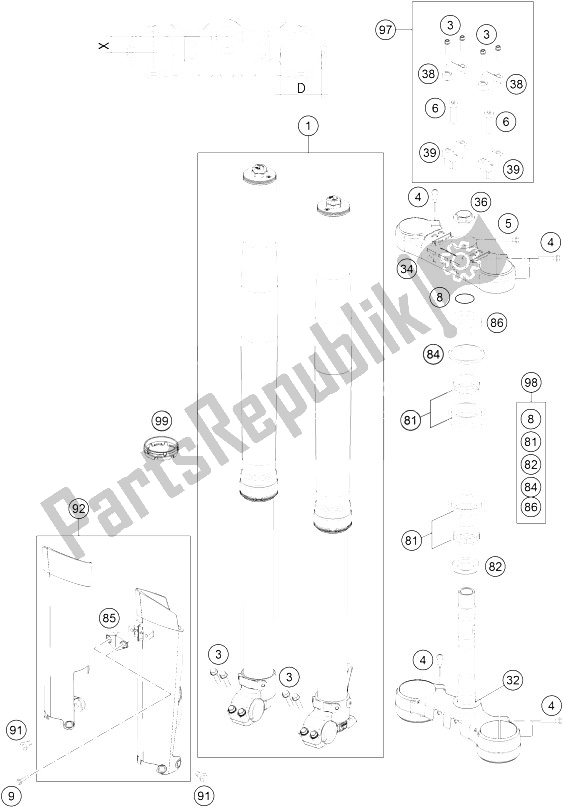 All parts for the Front Fork, Triple Clamp of the KTM 500 EXC Europe 2015