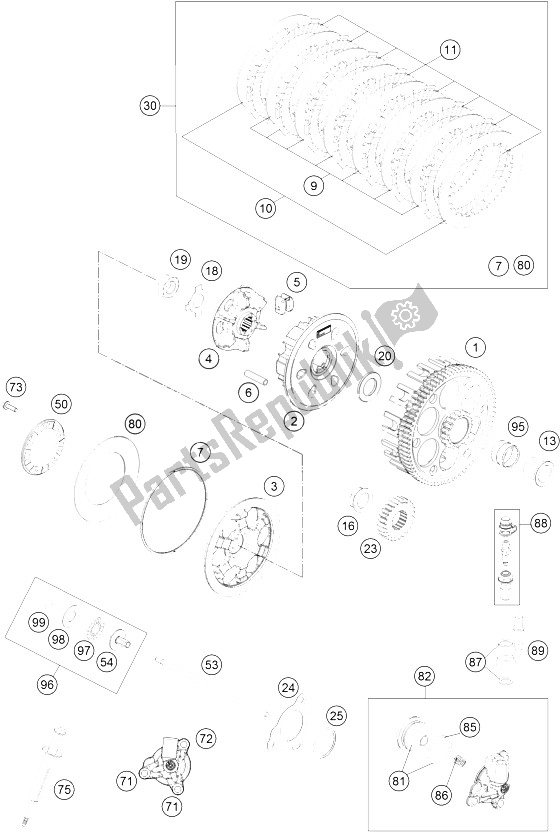 All parts for the Clutch of the KTM 250 EXC F CKD Brazil 2016