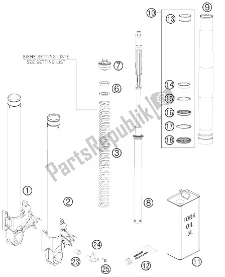 All parts for the Front Fork Dissassembled of the KTM 990 Supermoto T Black ABS Europe 2013