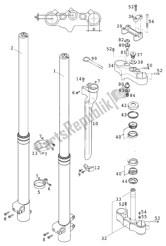 All parts for the Front Fork - Steering Stem Wp 400/640 Lc4 Usa 2 of the KTM 640 LC 4 Silber USA 2000