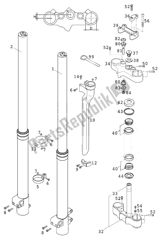 Tutte le parti per il Forcella Anteriore - Gambo Sterzo Wp 400/640 Lc4 Usa 2 del KTM 640 LC 4 USA 2000