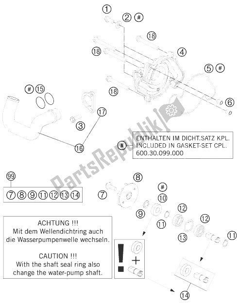 All parts for the Water Pump of the KTM 990 Adventure R Australia United Kingdom 2010