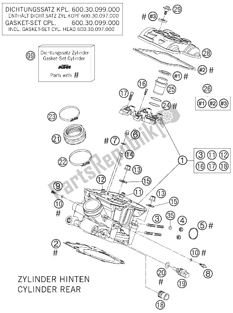 All parts for the Cylinder Head Rear of the KTM 990 Superduke Black Europe 2005