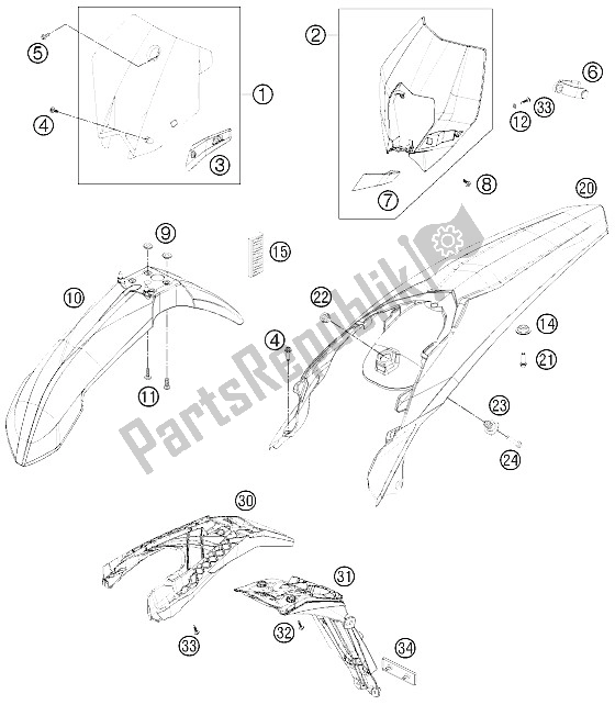 Alle onderdelen voor de Masker, Spatborden van de KTM 250 EXC Australia 2012