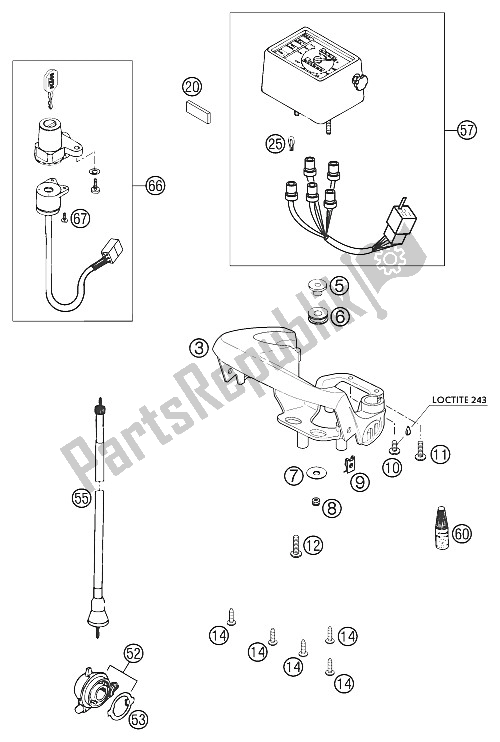 All parts for the Speedometer, Lock System Lc4 of the KTM 640 LC4 E ROT United Kingdom 2002