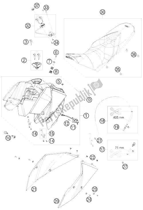 Tutte le parti per il Serbatoio, Sedile, Coperchio del KTM 690 Duke R Australia United Kingdom 2010