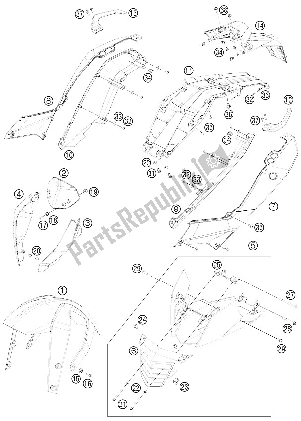 Alle onderdelen voor de Masker, Spatborden van de KTM 125 Duke Grey Europe 8026L5 2012