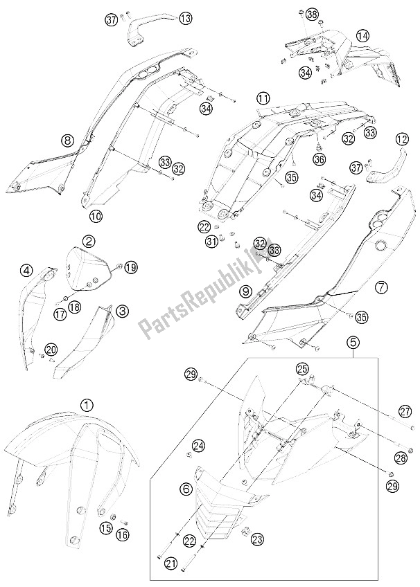 Alle onderdelen voor de Masker, Spatborden van de KTM 125 Duke Grey Europe 8026L5 2012