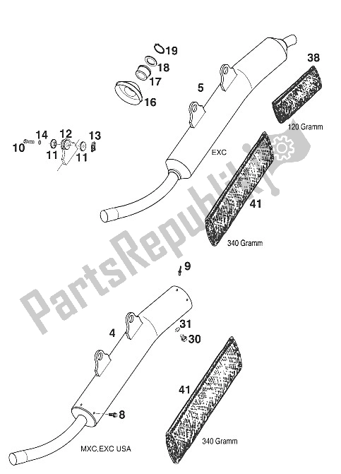 All parts for the Silencer 200 '20 of the KTM 200 EXC Europe 2001