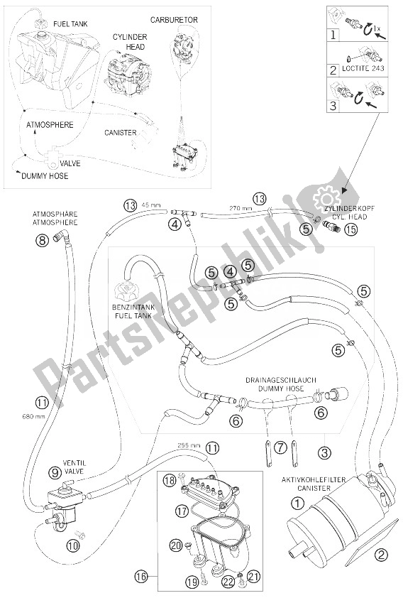 All parts for the Evaporative Canister of the KTM 525 EXC USA 2007