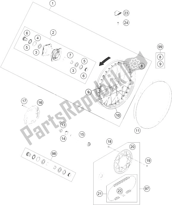 All parts for the Rear Wheel of the KTM Freeride 350 Australia 2016