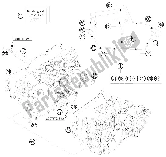 All parts for the Engine Case of the KTM 250 EXC Europe 2011