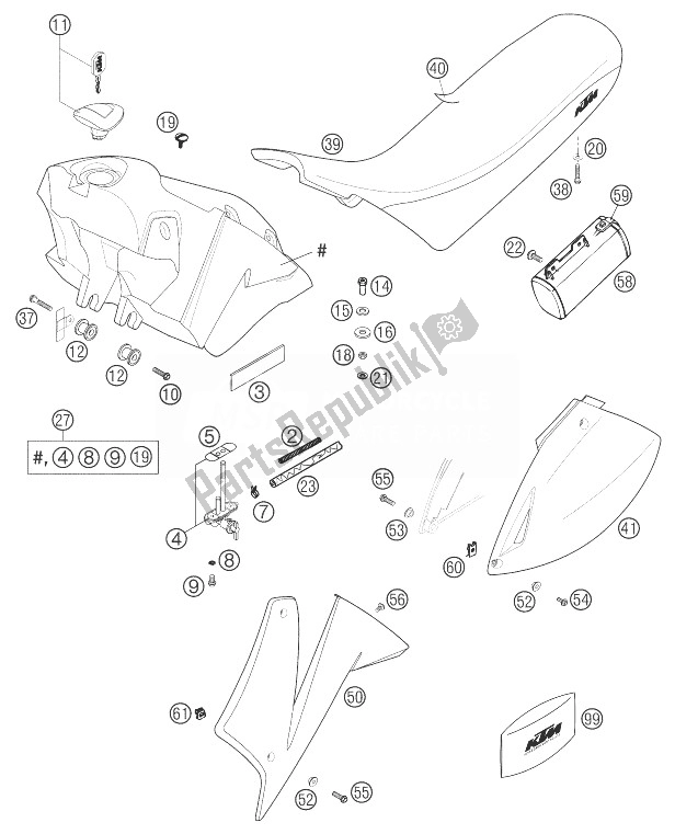 All parts for the Fuel Tank, Seat, Cover 640 Lc4 of the KTM 640 LC4 Enduro Orange 12L Europe 2003