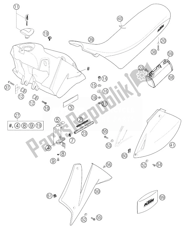 All parts for the Fuel Tank, Seat, Cover 640 Lc4 of the KTM 640 LC4 Supermoto Prestige 03 Europe 2003