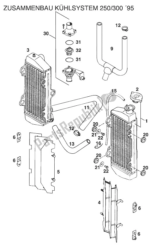 Alle onderdelen voor de Radiator - Radiatorslang 250/300/360 '96 van de KTM 300 EXC M O 13 LT USA 1996
