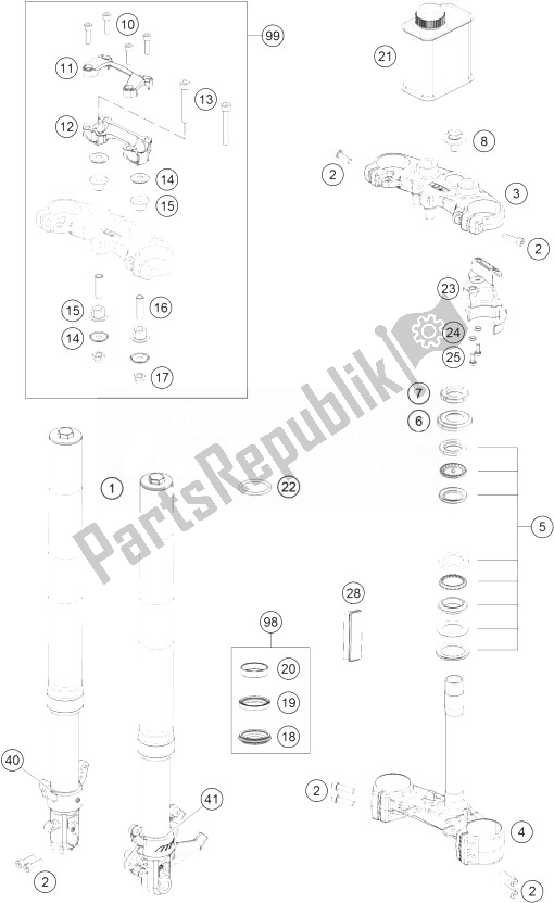 Wszystkie części do Przedni Widelec, Potrójny Zacisk KTM 390 Duke Black ABS CKD 2015 Colombia 2014