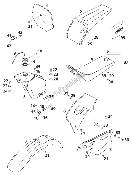 All parts for the Tank - Seat - Cover 65sx of the KTM 65 SX Europe 600115 2001