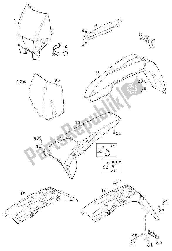 Tutte le parti per il Parafanghi 125-380 2001 del KTM 125 EXC Australia 2001