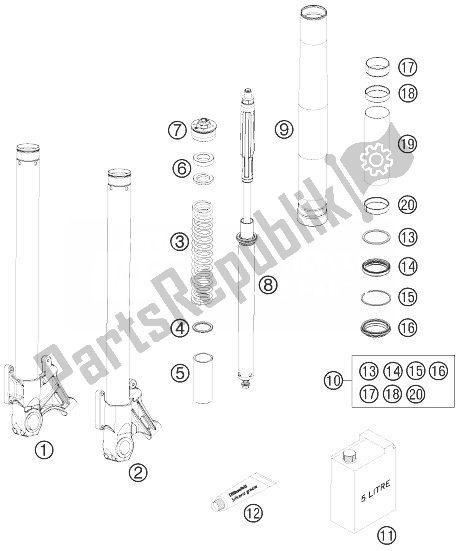 All parts for the Front Fork Disassembled of the KTM 990 Super Duke R France 2010