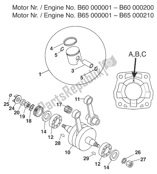 Tutte le parti per il Albero Motore - Pistone 60/65 '98 del KTM 60 SX Europe 1999