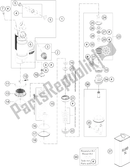 All parts for the Shock Absorber Disassembled of the KTM 125 SX USA 2015