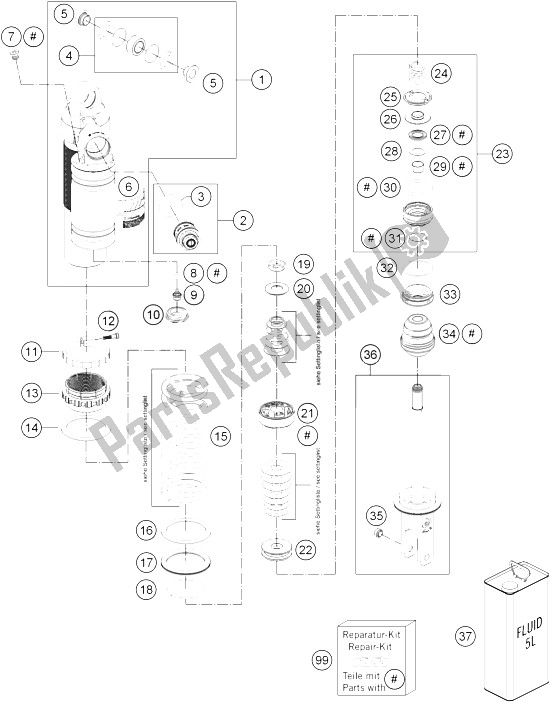 All parts for the Shock Absorber Disassembled of the KTM 250 SX Europe 2016